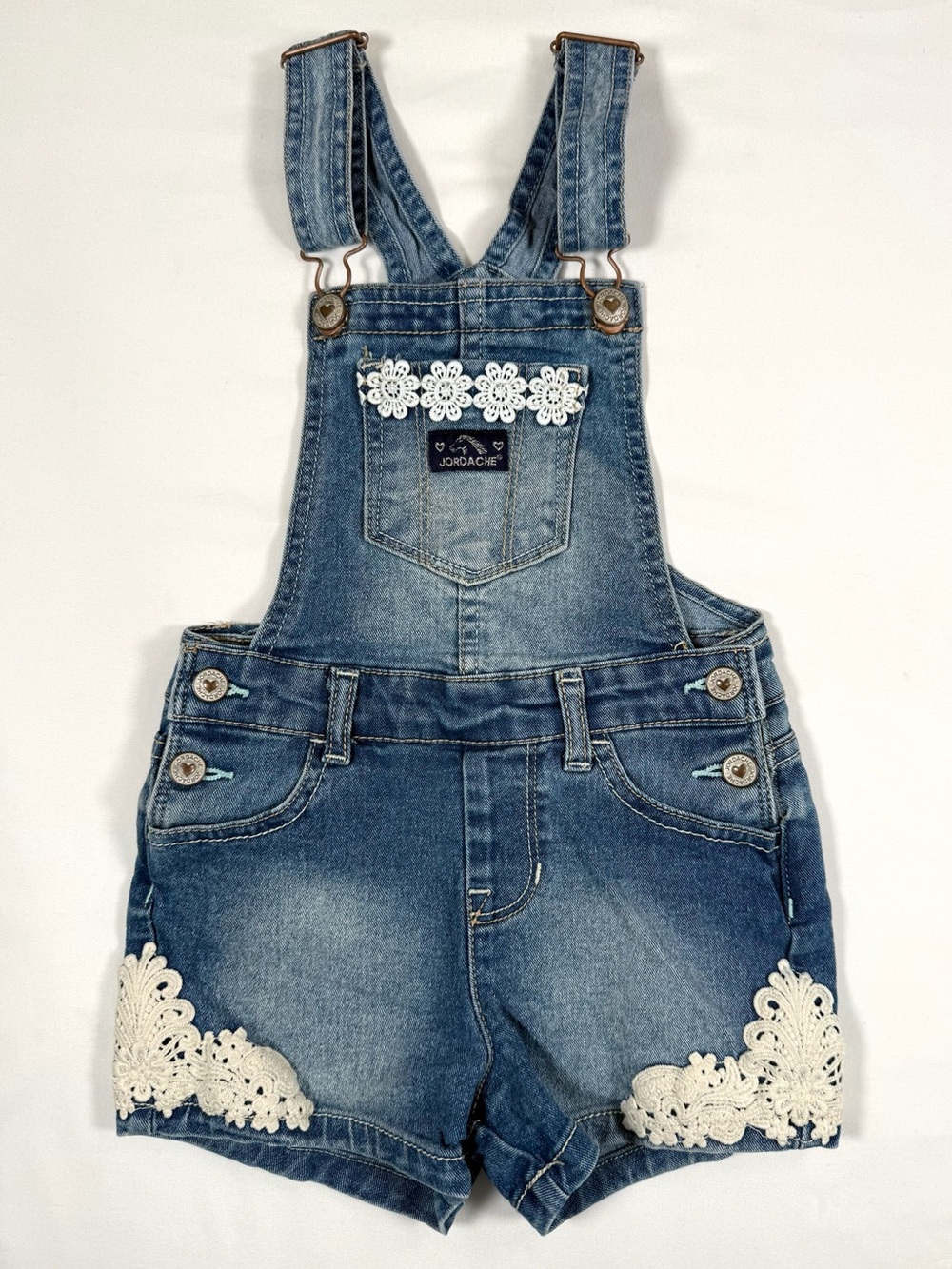 JORDACHE‎ Denim Shortalls Lace Floral Embellished Jean Overall Shorts Girls 5T